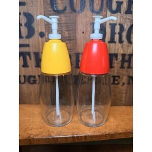 Vintage GEMCO Glass Red Ketchup Yellow Mustard Pump Dispenser USA Works